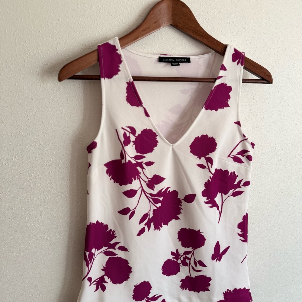 Boston Proper Pink Floral Sleeveless V-Neck Stretch Top Cream XXS